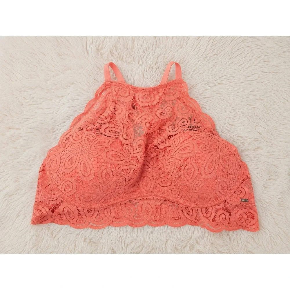 Victoria's‎ Secret PINK High Neck Push Up Lace Bralette Coral Orange XL NWT